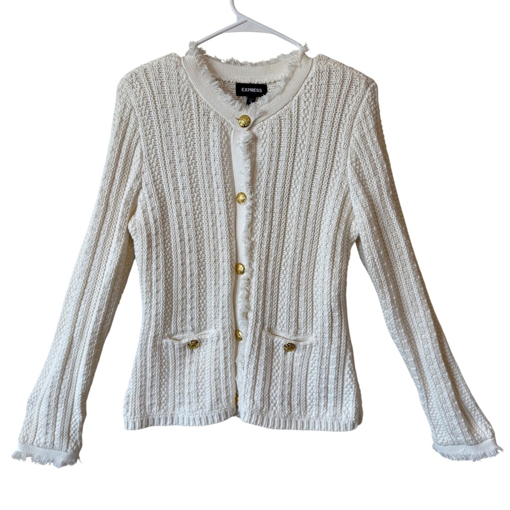 Express white Fringe  Cardigan Sweater Gold Crest Buttons Textured Knit M career